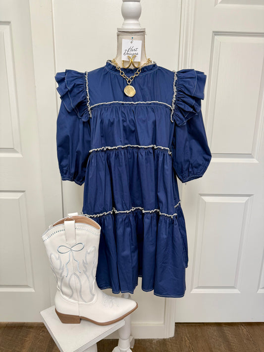 Navy Puff Sleeve Mini Dress