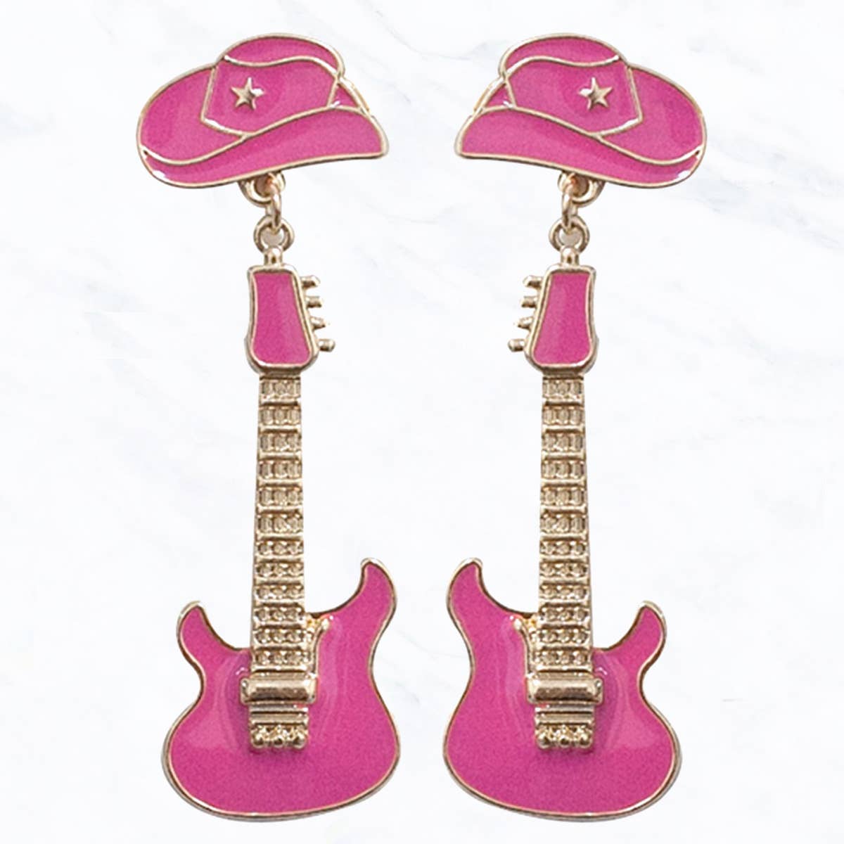 Pink Country Style Hat and Guitar Drop Earrings