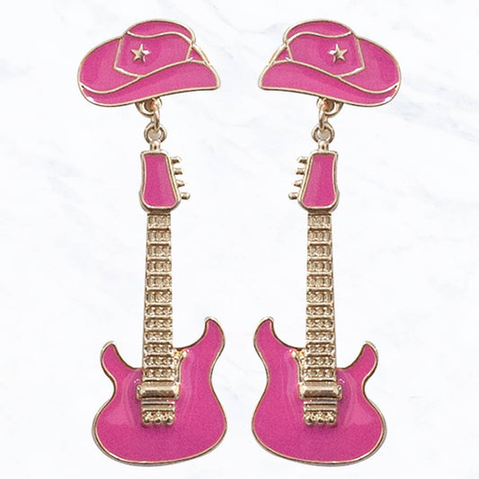 Pink Country Style Hat and Guitar Drop Earrings