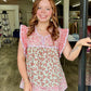 Patchwork Flower Print Ruffle Sleeve Top