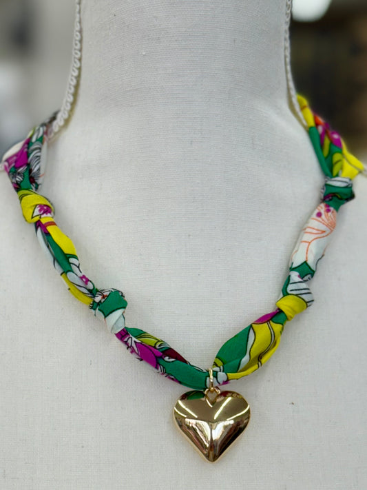 Green Floral Scarf Heart Charm Necklace