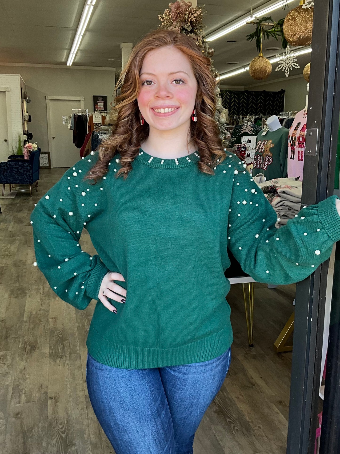 Green Pearl Drop Shoulder Sweater