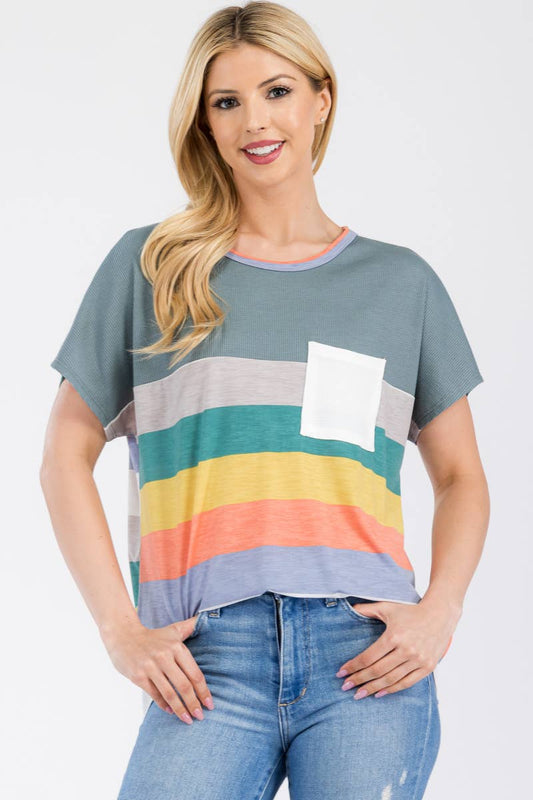 STRIPE COLOR BLOCK TOP WITH DOLMAN SLEEVES -CT43847B