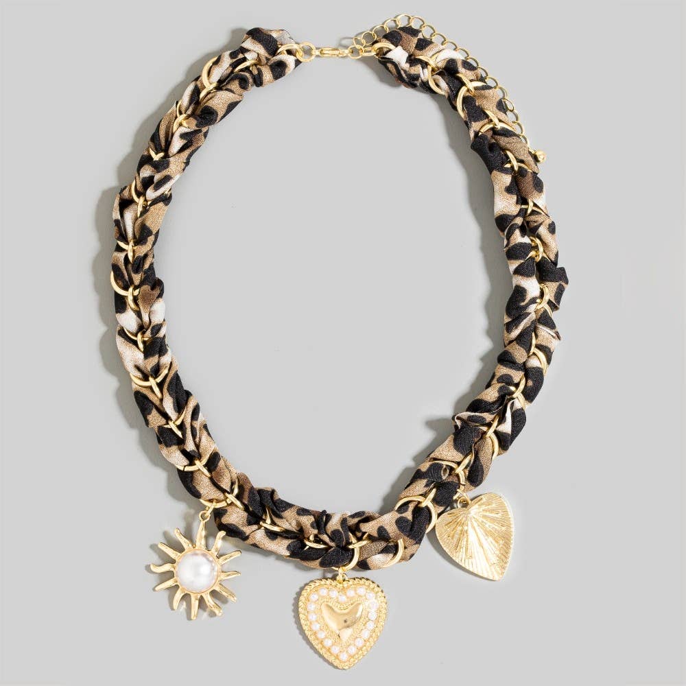 Brown Leopard Charm Braided Bandana Necklace