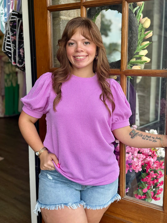 Spring Violet Raised Rib Puff Sleeve Top