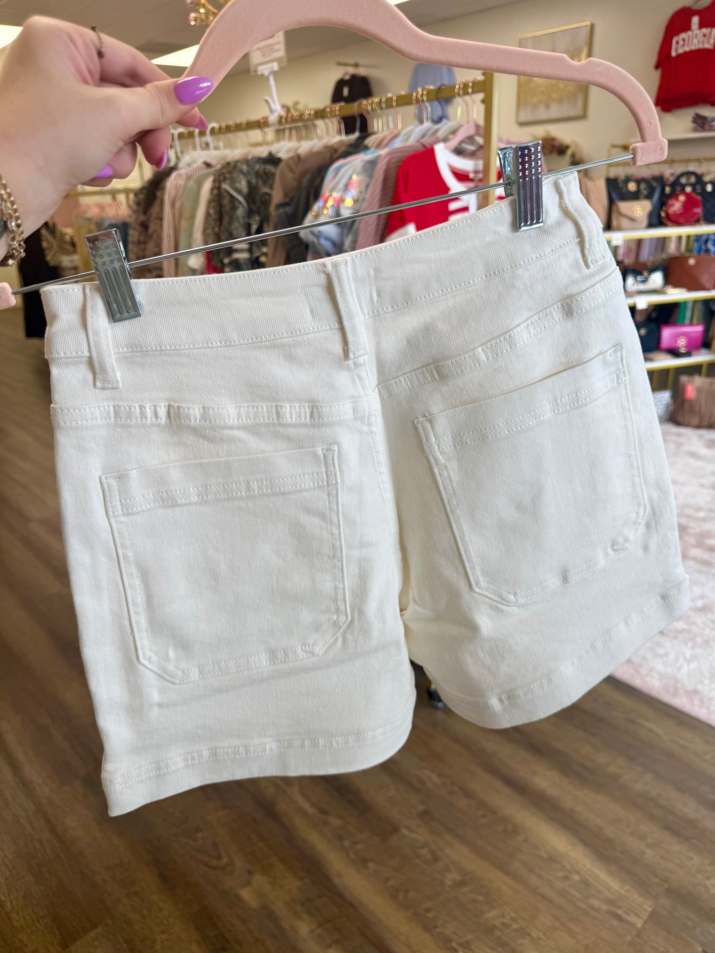 White Stretch High Rise Denim Shorts