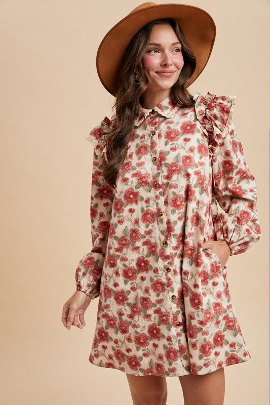 Rose Print Lace Trim Button Down Mini Dress