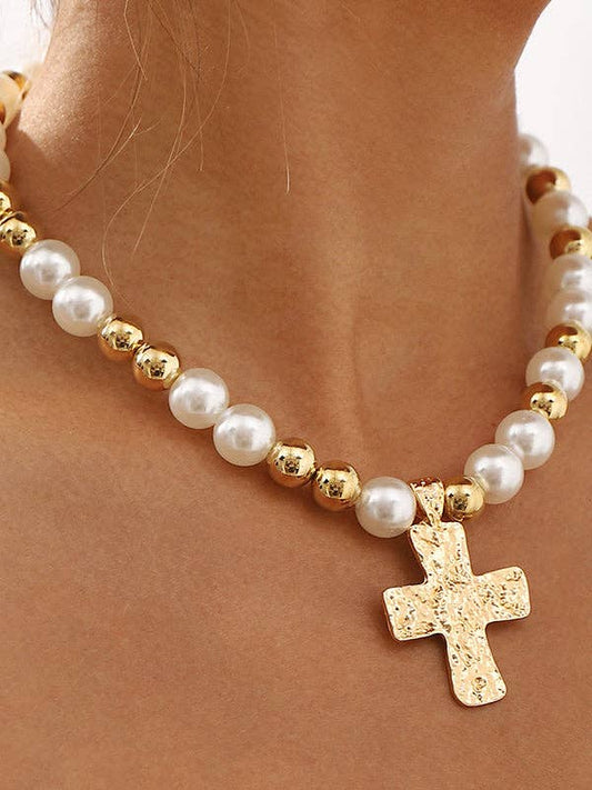 Gold Pearl Cross Statement Necklace
