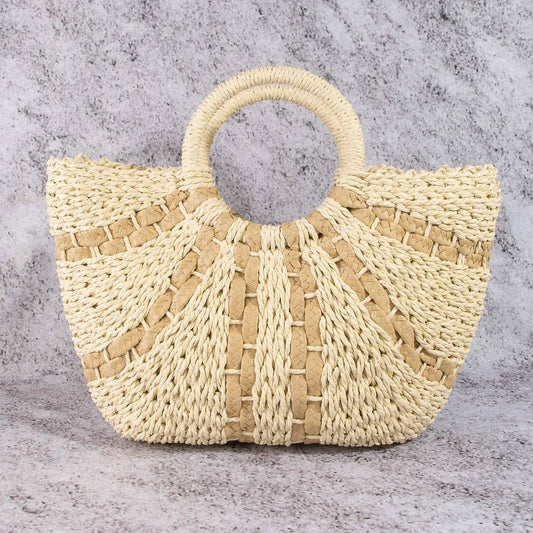 Beige Striped Straw Weave Round Rope Handle Tote