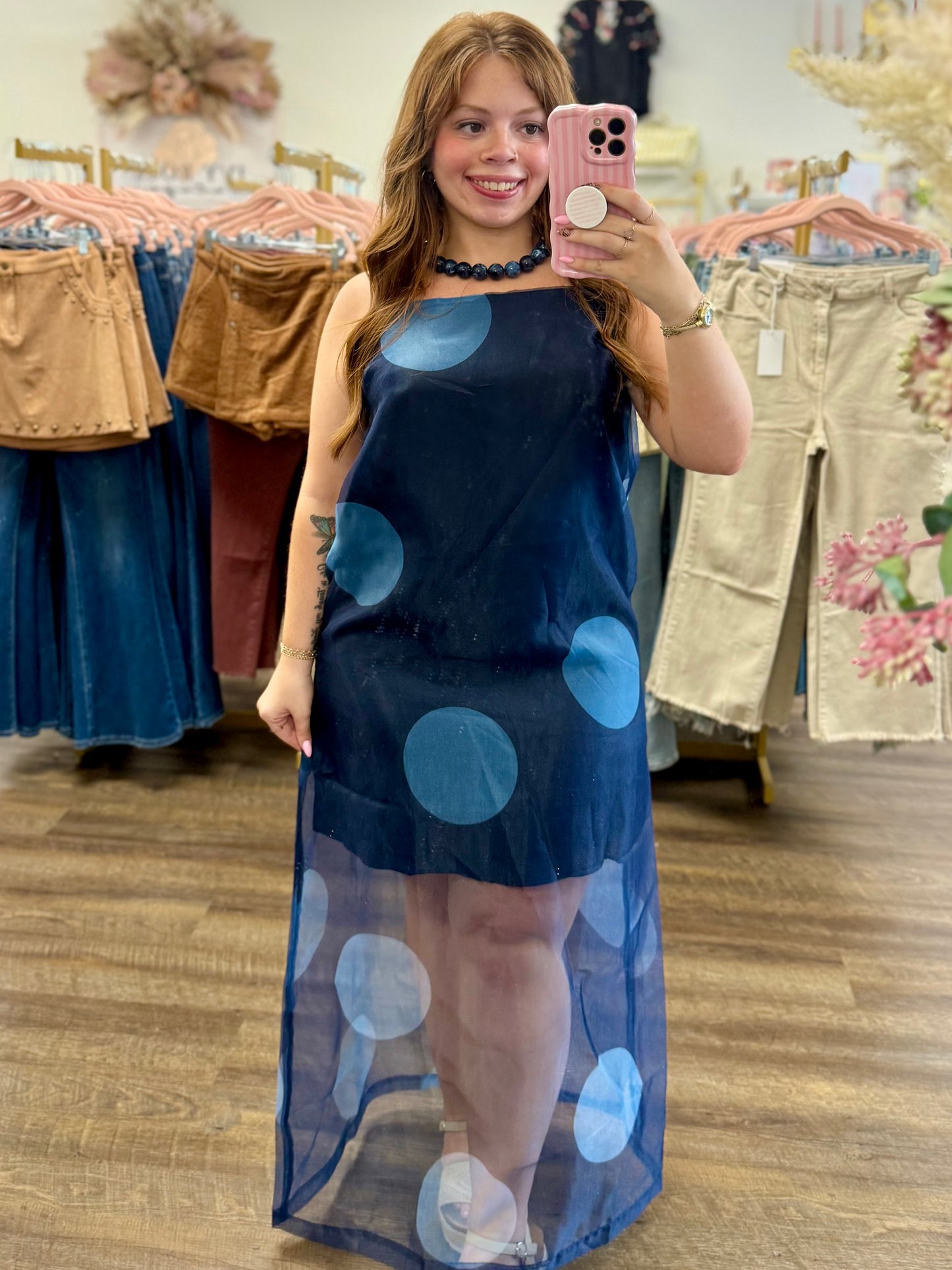 Navy Polka Dot Sheer Overlay Maxi Dress