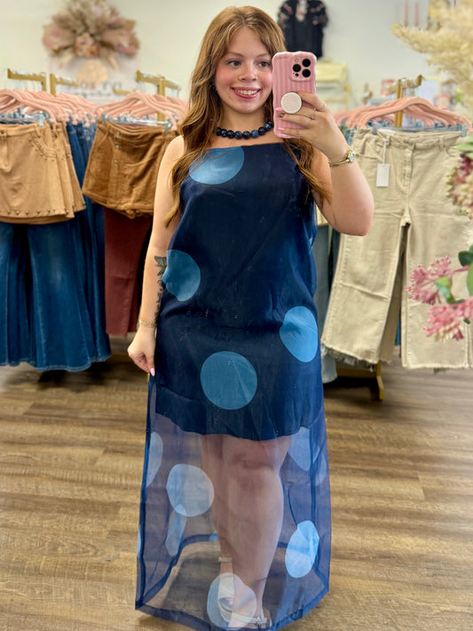 Navy Polka Dot Sheer Overlay Maxi Dress