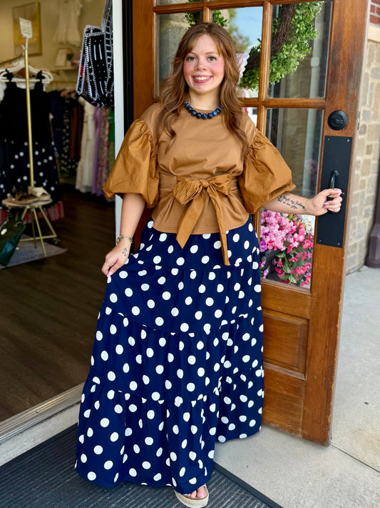 Mocha Poplin Puff Sleeve Bow Top