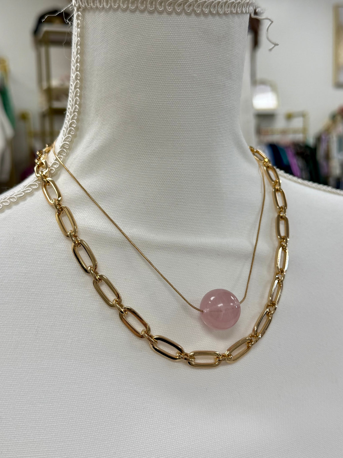 Pink Bead Gold Chain Necklace