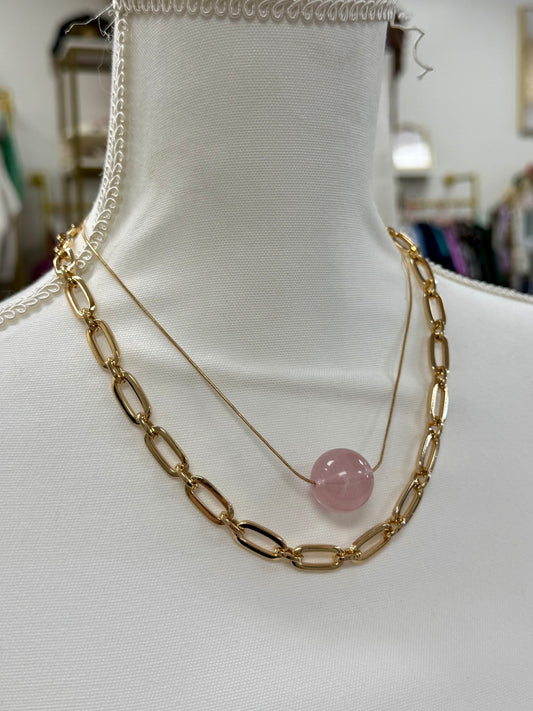 Pink Bead Gold Chain Necklace