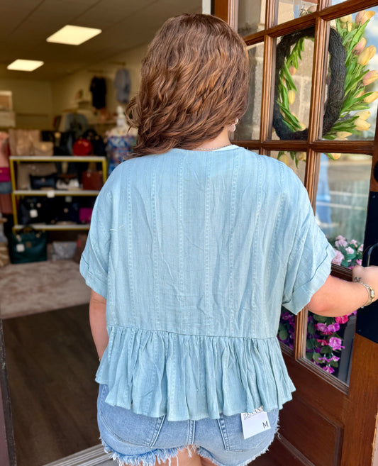 Green Textured Ruffle Hem Top