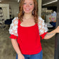 Red Floral Lace Puff Square Neck Sweater