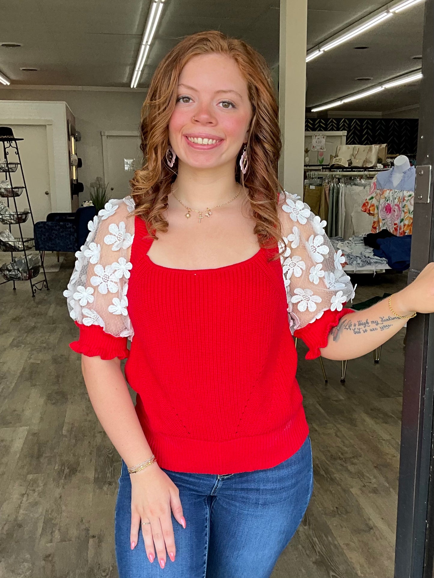 Red Floral Lace Puff Square Neck Sweater