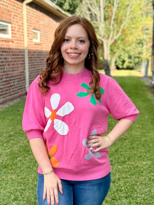 Pink Floral Bubble Sleeve Sweater