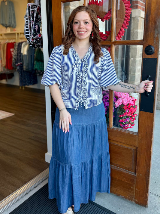 Denim Tiered Maxi Skirt
