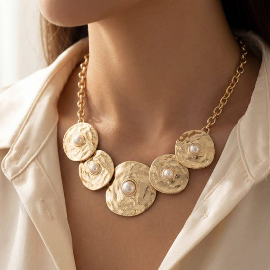 Gold Chunky Hammered Disc Pearl Statement Necklace