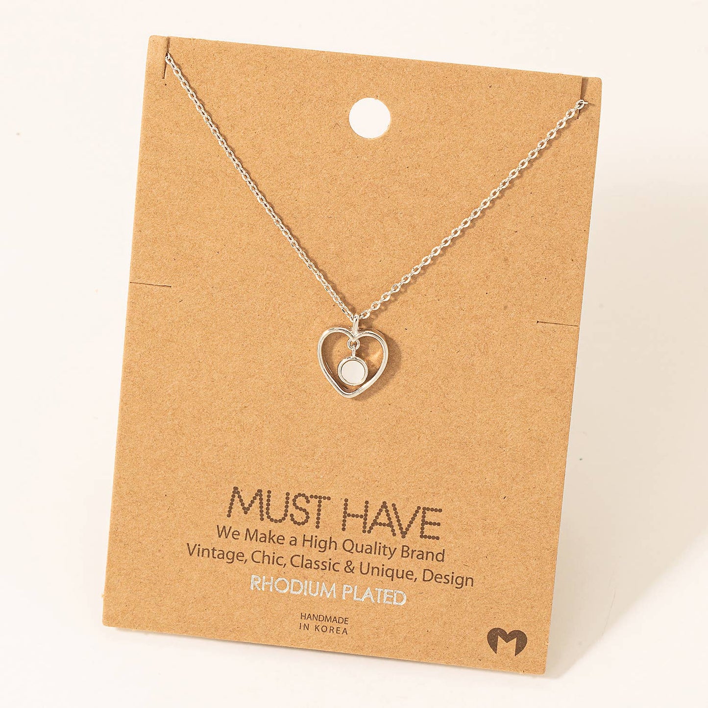 Silver Seashell Disc And Heart Pendant Necklace