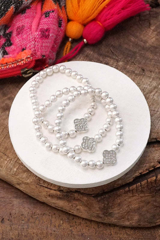 Silver Crystal Quatrefoil Bracelet Set