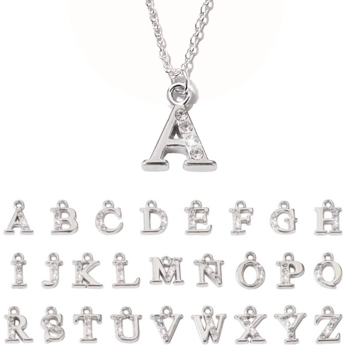 Silver Rhinestone Initial Capital Letter Pendant Necklace: M