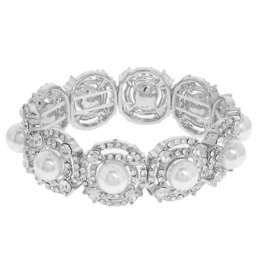 Metallic Rhinestone Pave Pearl Stretch Bracelet : White