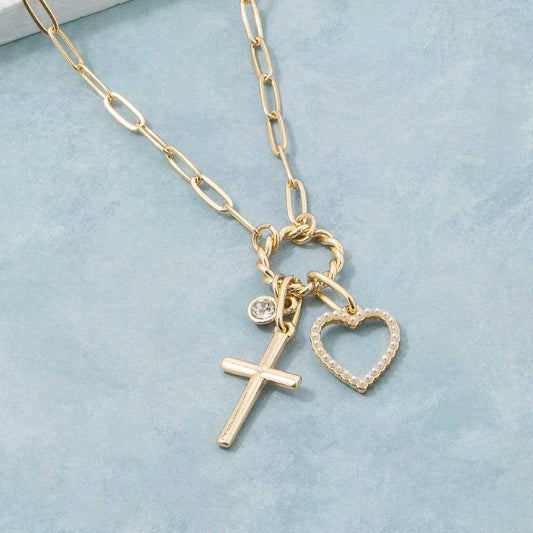 Gold Heart Cross Gem Pendant Chain Necklace
