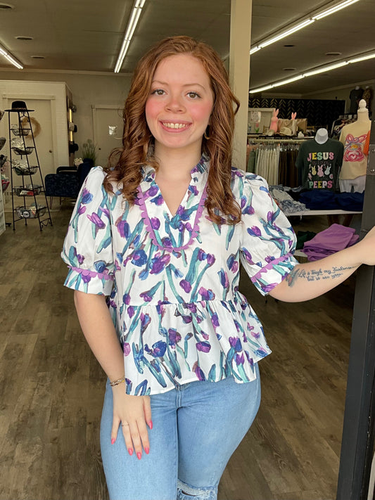 Purple Floral Ricrac Trim Peplum Top