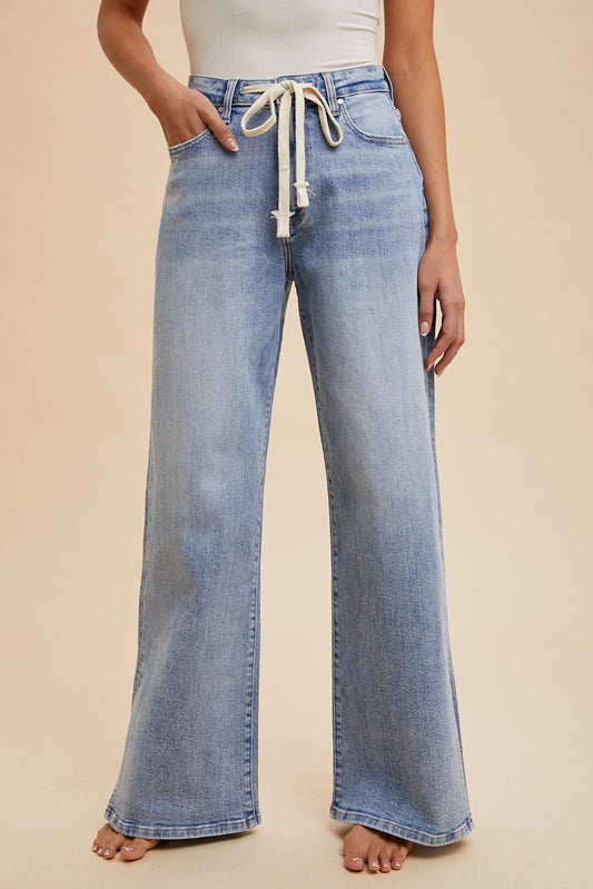 Denim Stretch Side Slit Wide Leg Jeans