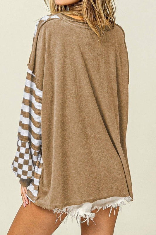 Oversized Brown Checker Stripe  Pocketed Top