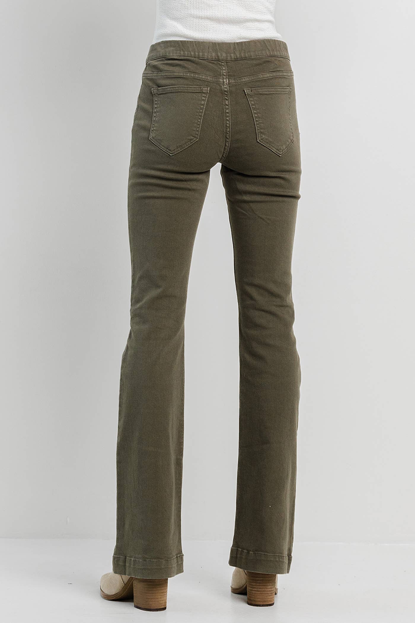 Olive Pull On Flare Jeans