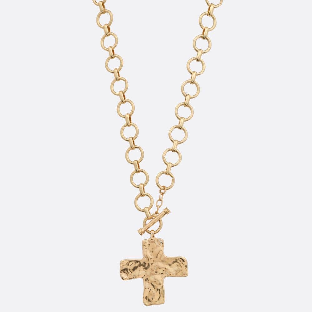 Gold Hammered Cross Toggle Necklace