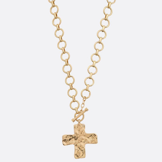 Gold Hammered Cross Toggle Necklace