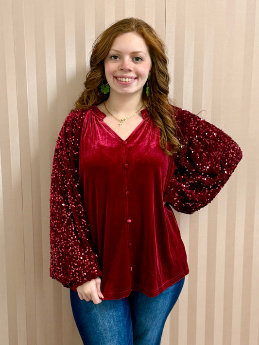 Red Velvet Sequin Sleeve Button Up Top