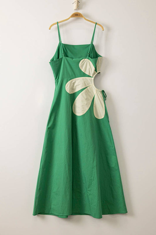 Green Side Cutout Floral Midi Dress