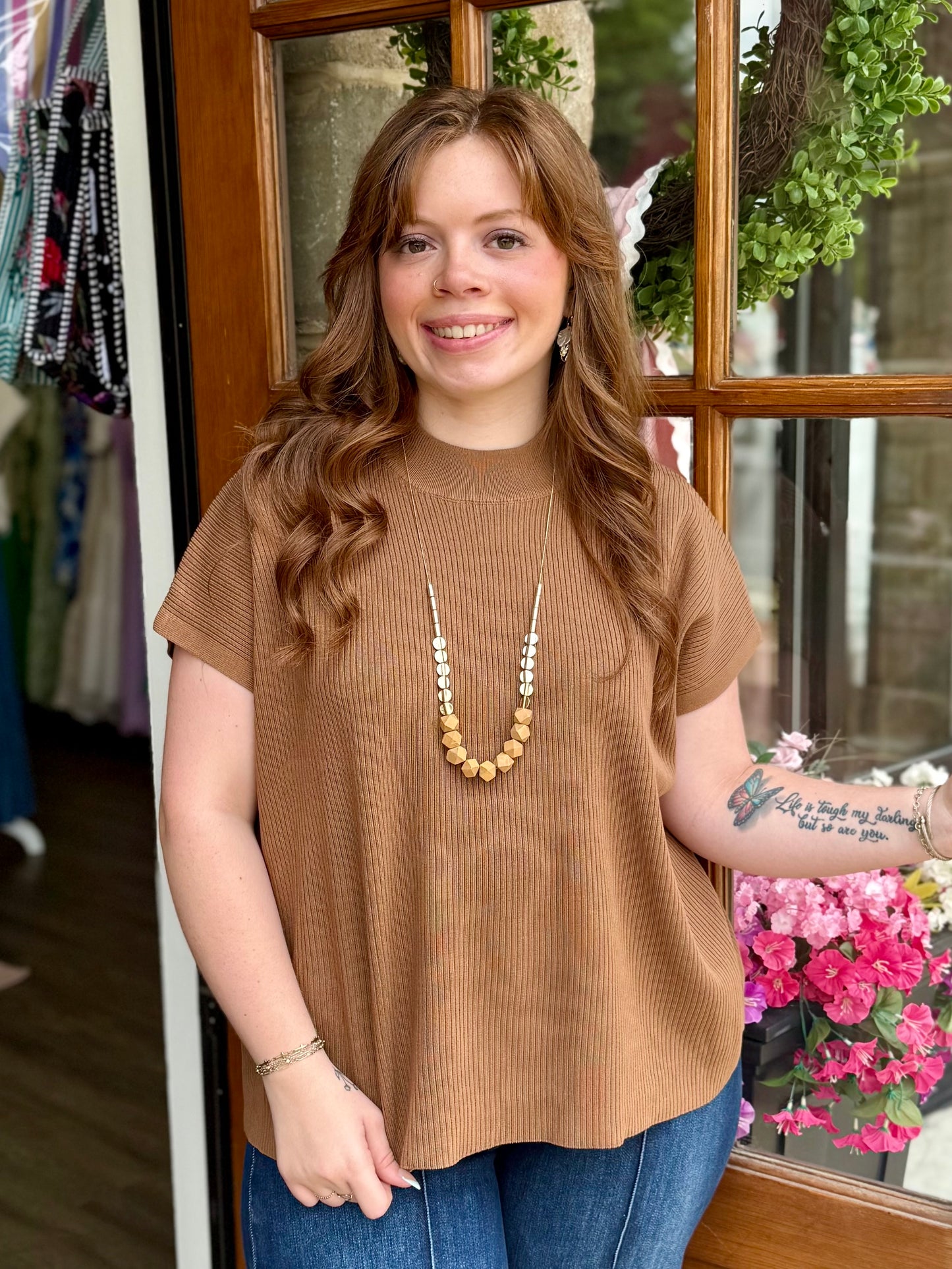 Deep Camel Mock Neck Sweater Top