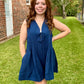 Navy Pleated Tie Front Romper
