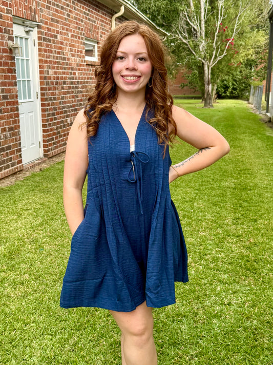 Navy Pleated Tie Front Romper