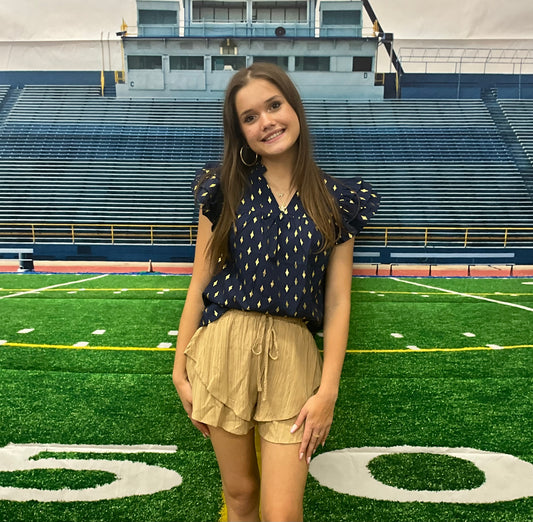 Navy & Gold V-Neck Ruffled Top