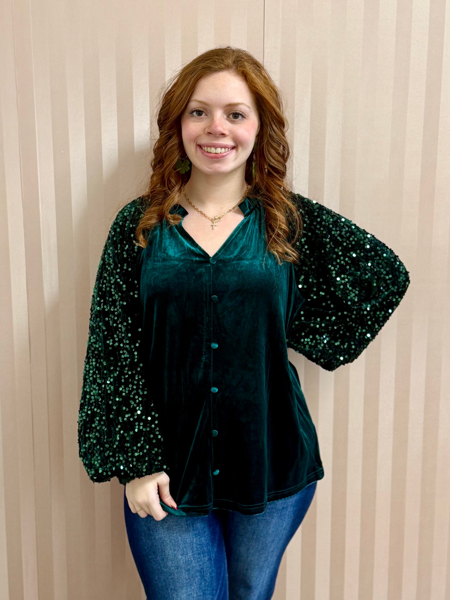 Green Velvet Sequin Sleeve Button Up Top