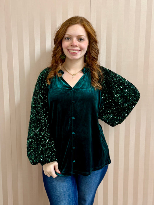 Green Velvet Sequin Sleeve Button Up Top
