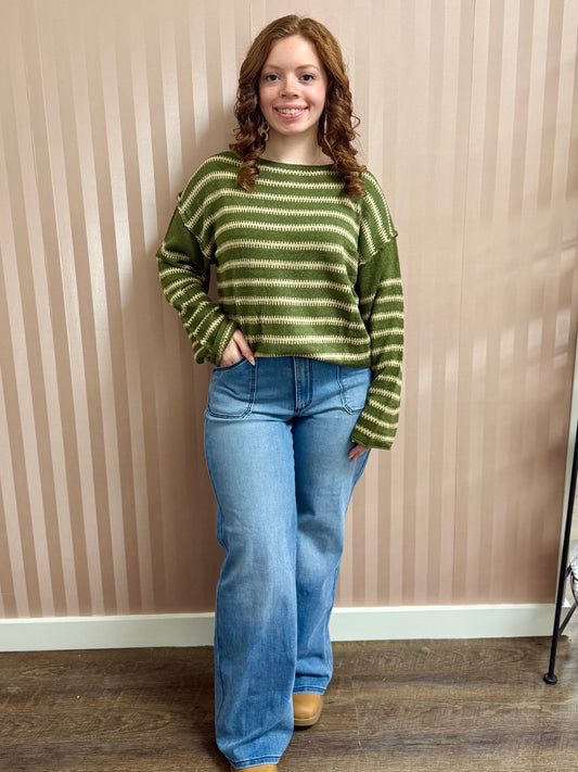 High Rise Stretch Welted Pocket Wide Leg Jeans