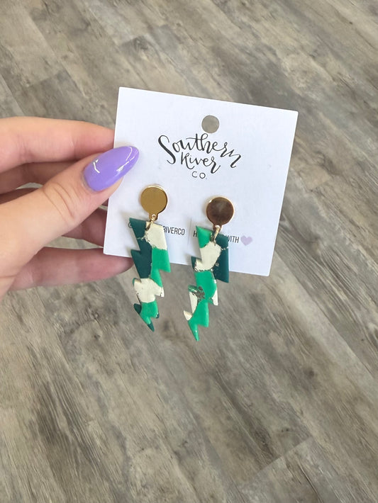 Green Abstract Lightning Bolt Earrings