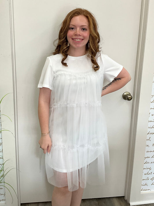 White Solid Lace Hem Ruffle Lined Dress