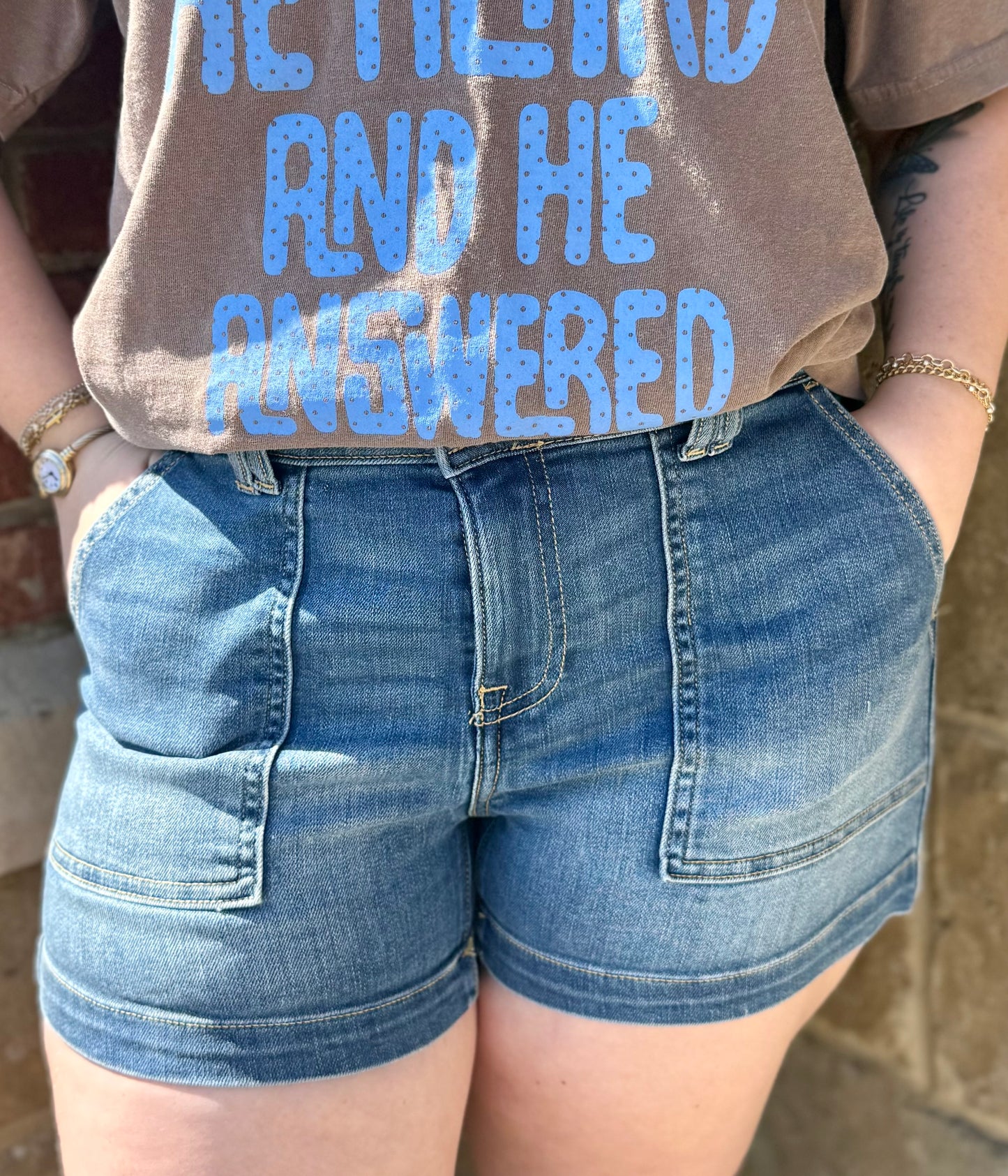 Medium Wash Utility Pocket Denim Shorts