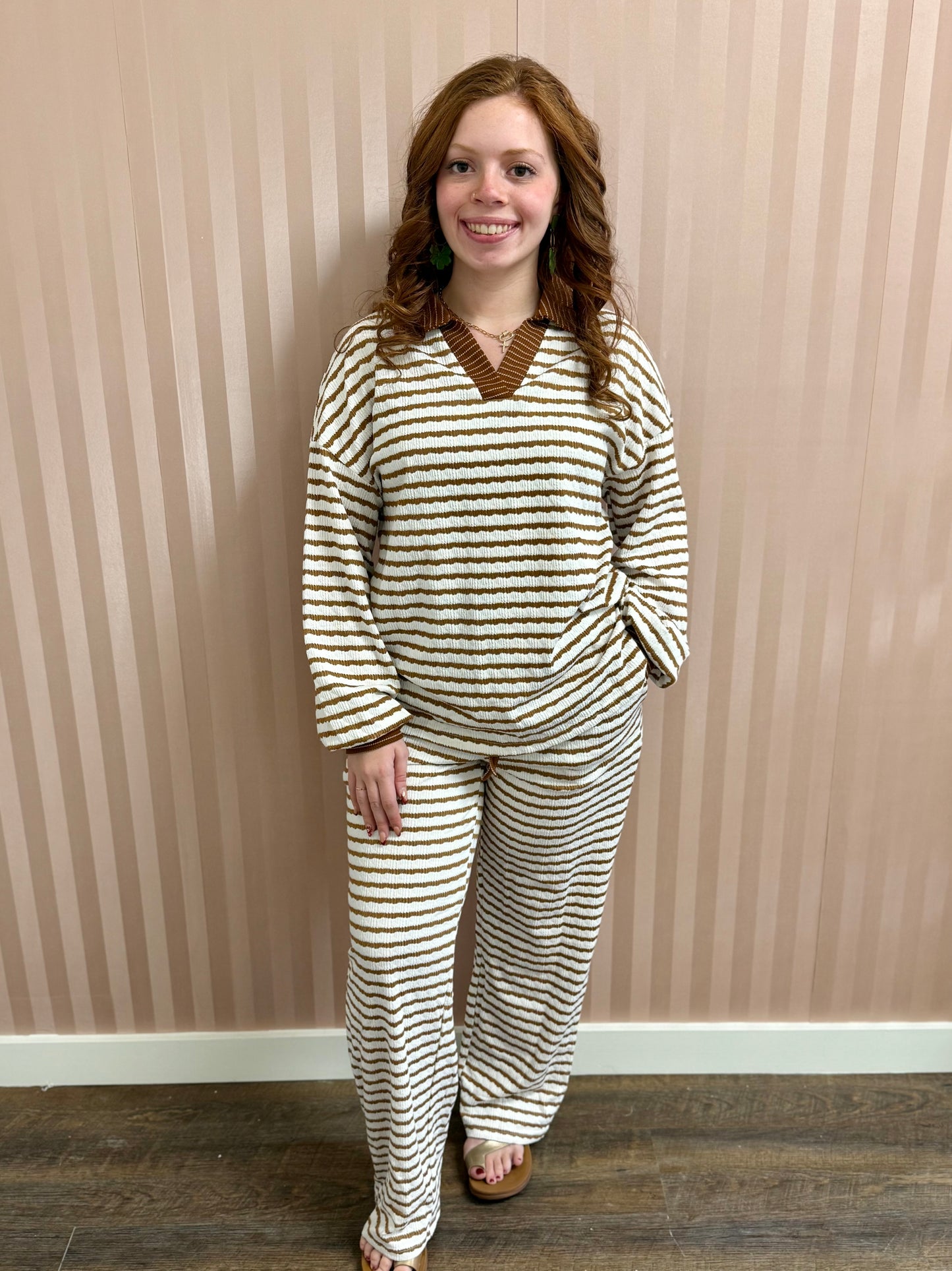 Khaki Striped Top & Bottom Set