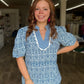 Blue Floral Ric Rac Puff Sleeve Top