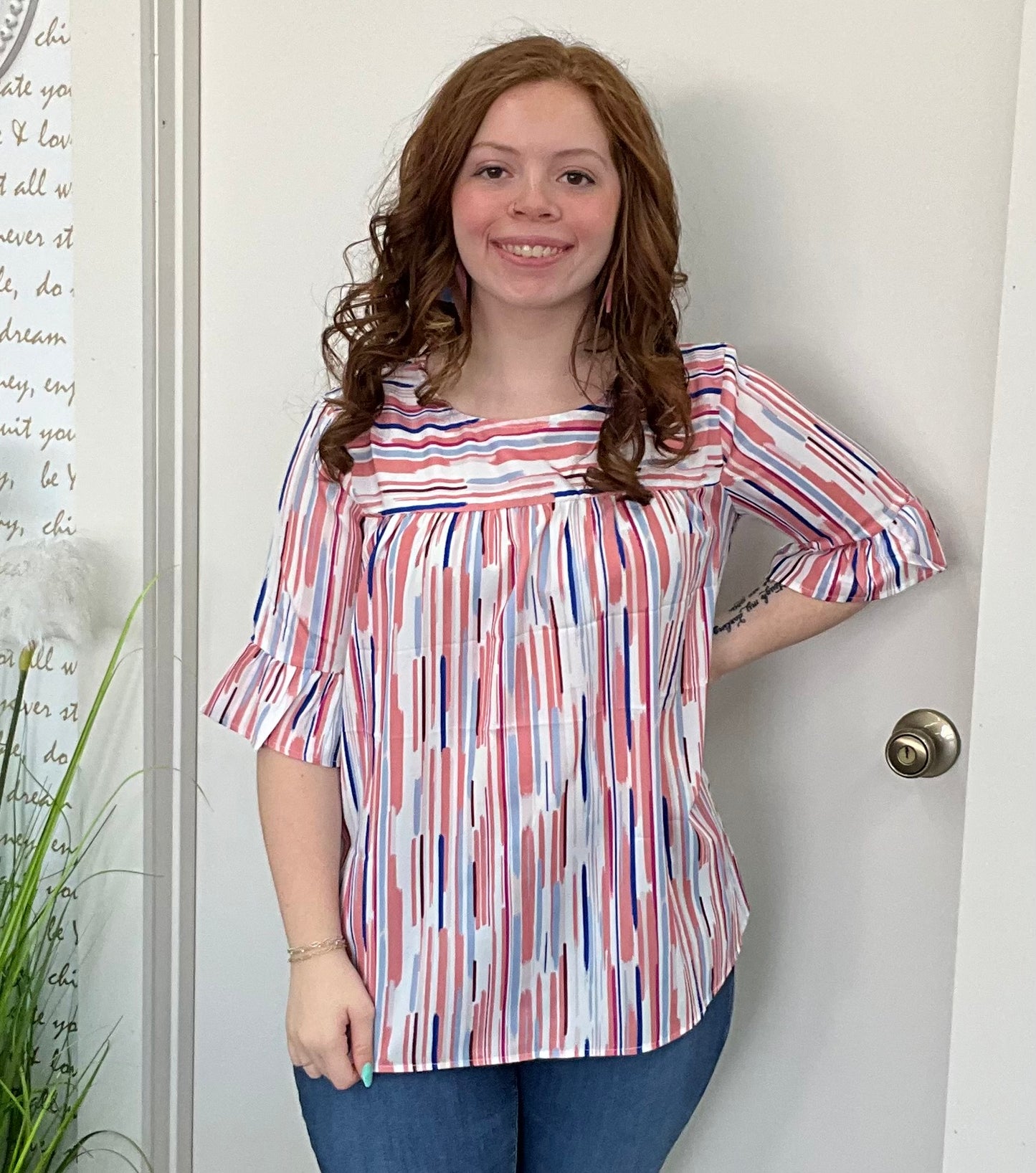 White Colorblock Striped Ruffle Half Sleeve Blouse